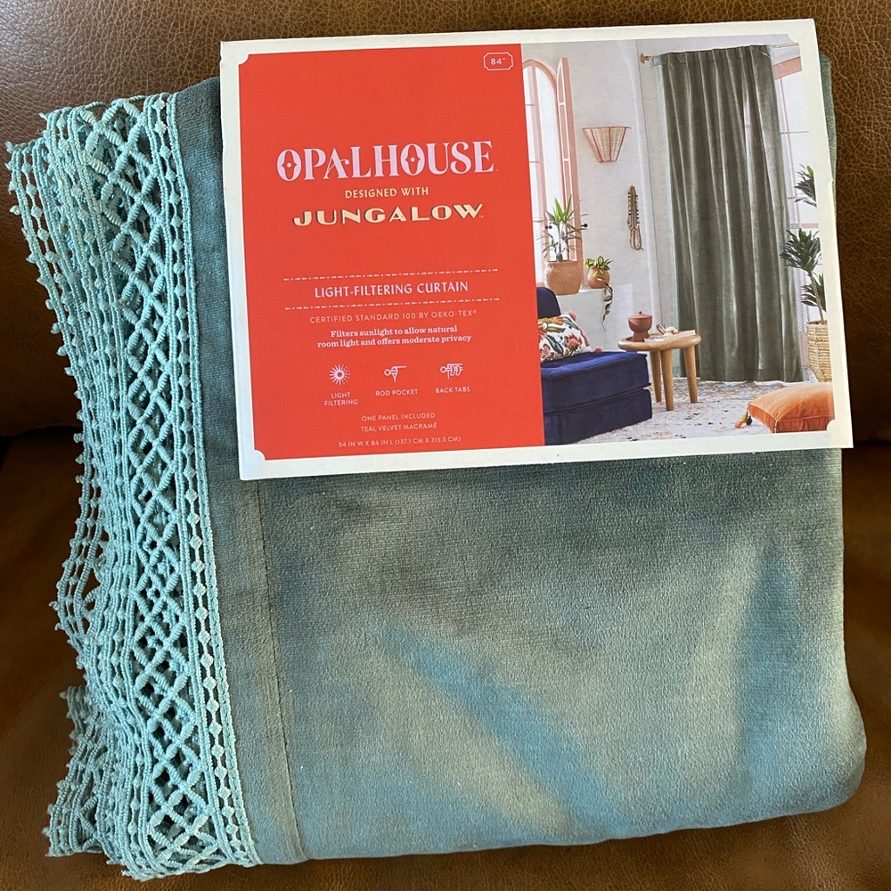 Opalhouse Jungalow teal velvet macrame curtain